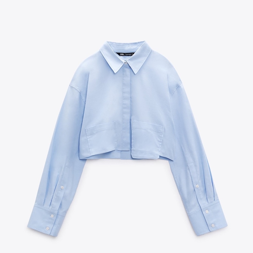 ZARA crop poplin shirt in sky blue color